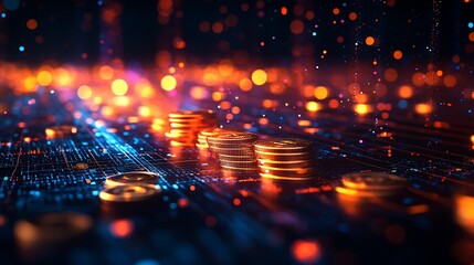 A glowing 3D financial graph displayed on a futuristic screen, golden coins forming a staircase leading upward, dynamic light reflections creating a luxurious feel,
