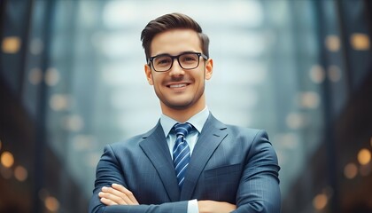 The Confident Visionary: A smartly dressed businessman, spectacles perfectly framed, exudes confidence as he beams a genuine smile.