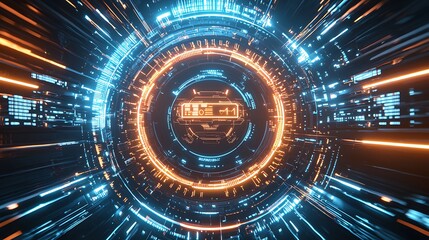 Futuristic digital interface with glowing rings and data streams.  A central, detailed display shows intricate coding