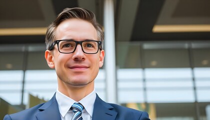Fototapeta premium Confident Portrait: A successful businessman, exuding confidence, dons stylish glasses and a tie, standing in front of a sleek, modern building. The image radiates professionalism, authority.