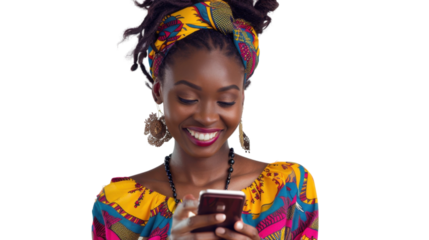 Smiling young woman wearing traditional african dress using smartphone on transparent background