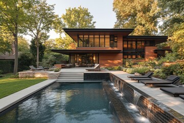 Fototapeta premium Modern front yard with lawn chairs, lounge chairs, pool, wood paneling, and red brick house, set in a lush green environment.