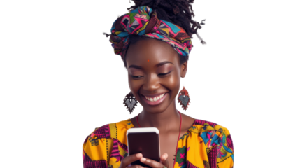 Smiling young woman using smartphone on transparent background
