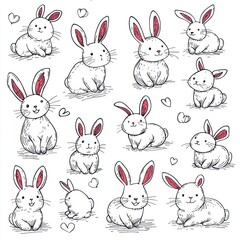 Artistic seamless pattern of doodle bunnies in line art style.