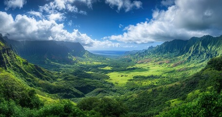 Fototapeta premium Hawaiian Valley Panorama - Lush Green Valley Between Mountains