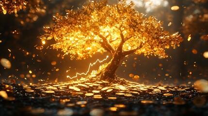 Naklejka premium A golden tree flourishing on a foundation of coins, its branches glowing as they form a financial graph rising steeply, surrounded by dynamic lighting, futuristic aesthetic, ultra-clear rendering,