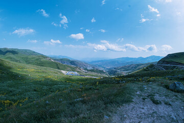 mountain landscape with flowers, blue sky and clouds