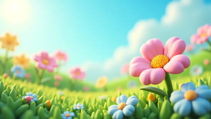 Cute 3D Cartoon Flowers in a Nature Background