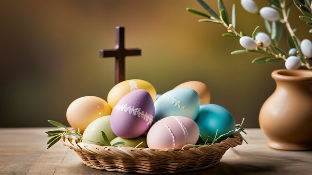 Simbologia della Pasqua: uova decorate, rami di ulivo e croce della passione di Cristo	