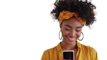 Smiling young woman using smartphone on transparent background