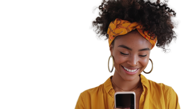 Smiling young woman using smartphone on transparent background