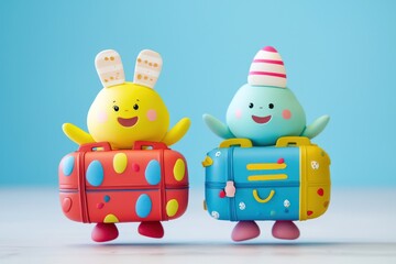 Easter travelers with vibrant suitcases, exuding holiday cheer.
