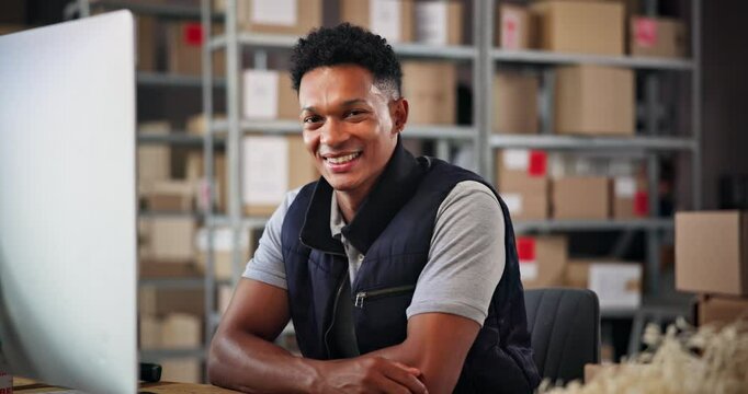 Distribution, supply chain and face of man on computer with boxes for delivery, logistics and shipping. Ecommerce, warehouse and portrait of person on pc for website, online shopping and inventory