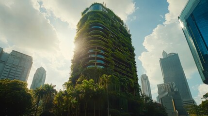 Obraz premium Green skyscraper amidst city buildings under a bright sun