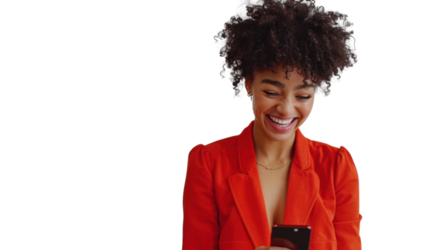 Happy entrepreneur using smartphone and laughing with transparent background