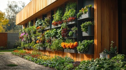 Obraz premium Lush vertical garden on modern wooden wall.