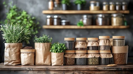 Rustic kitchen scene with herbs, spices, and grains in glass jars and paper bags.