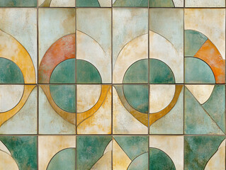 Curved geometric tile pattern vintage aged ceramic earthy tones warm textured weathered patina traditional classic bold symmetrical artistic architectural decorative historic intricate design pattern