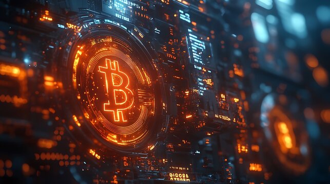 A sleek cryptocurrency growth chart with digital coins morphing into glowing crypto logos, surrounded by binary code and neon lights, set against a futuristic metallic background, ultra-detailed,