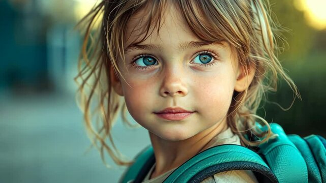 Curious child with backpack exploring outdoors during sunset