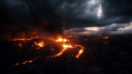 Naklejka premium Dramatic seascape with volcanic activity under a stormy sky on the sea