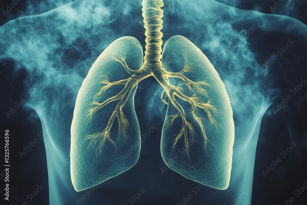 Poster detailed 3d rendering of human lungs with glowing teal and gold particles on dark background