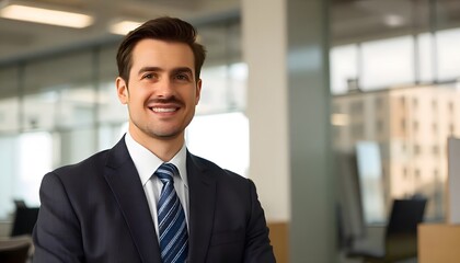 Fototapeta premium Confident Business Professional: A sharp, smiling businessman, exuding confidence and professionalism, poses in a modern office setting, ready to make a deal or shake hands.