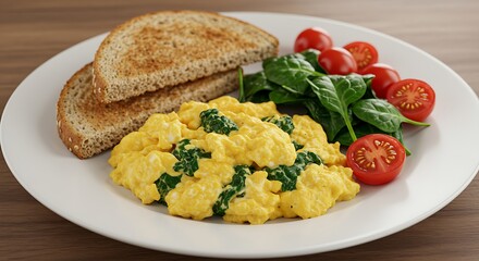 A plate of scrambled eggs with spinach and cherry tomatoes, accompanied by whole-grain toast.