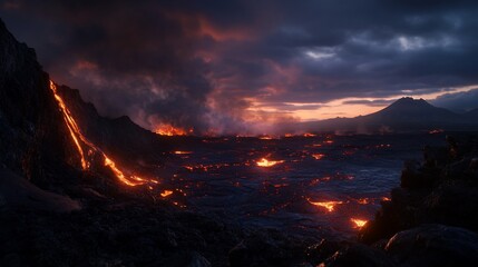 Fototapeta premium Spectacular volcanic eruption scene with lava flow at dusk, dramatic sky