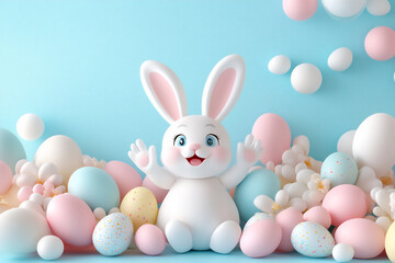 Fototapeta premium 3d easter bunny surrounded by colorful eggs,