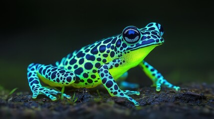 Vibrant Blue and Green Poison Dart Frog Sitting on Log