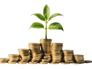 Growing Green Plant on Stacked Gold Coins Representing Financial Growth, Isolated on a Transparent Background, PNG, Cutout