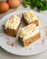 Small slices of carrot cake with a cream cheese frosting and caramel balls for decoration.