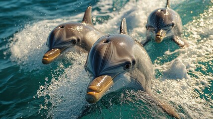 Fototapeta premium Three dolphins swimming in the ocean.