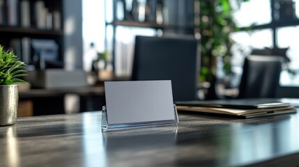 Blank id card in translucent holder on desk in modern office business environment professional view