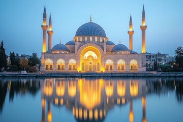 Naklejka premium Illuminated Mosque Reflecting in Calm Pond at Dawn