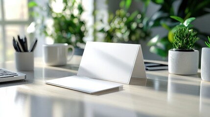 Fototapeta premium Blank plastic id holder with business card on office desk modern workspace minimalist view