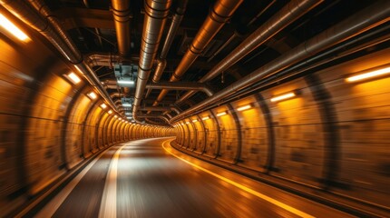 Underground tunnel with pipes and lights above a road, creating a sense of motion and infrastructure.