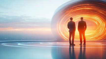 Two figures stand before a glowing portal at sunset, symbolizing exploration and innovation.