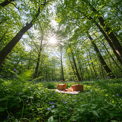Picnic in the spring forest, Tranquil picnic setup in a sunlit forest clearing