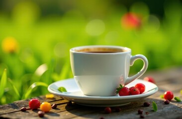 Enjoying a cup of coffee in a serene outdoor setting with vibrant greenery