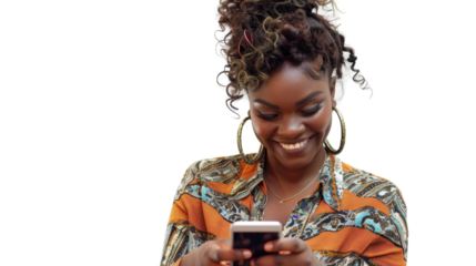Smiling young woman using smartphone on transparent background