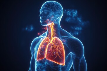 Human Lungs Anatomy Digital 3D Model Glowing Orange and Blue
