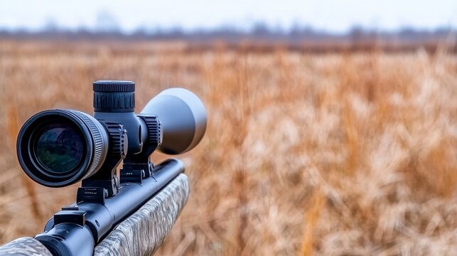 Rifle Scope Aimed at Dry Brown Field