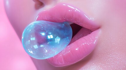 Fototapeta premium Young woman blowing pink bubble gum in studio background,teenage girl,Tasty chewing gums,bubblegum,chewing dragees and bubblegum stripe flat illustration.
