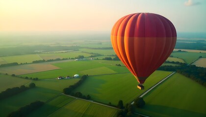 Fototapeta premium A hot air balloon floating gently above a patchwork of green fields, evoking a sense of adventure and tranquility, perfect for Happiness day