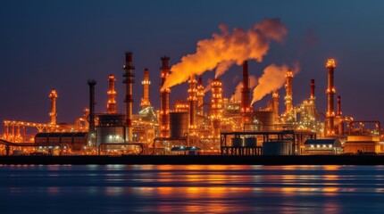 Naklejka premium Industrial plant at night, towers and pipes illuminated against a dark sky, reflected in the water.