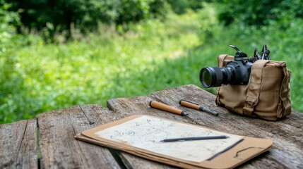 Obraz premium Rustic Outdoor Scene Camera and Sketching Tools on Wooden Table