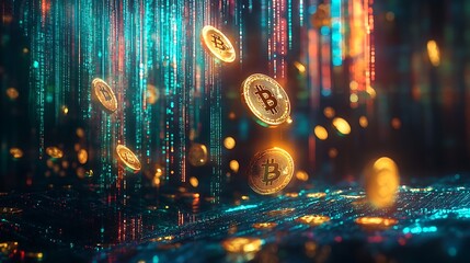 An abstract financial growth chart with golden coins digitally disintegrating into a cascade of holographic cryptocurrency symbols, neon blue and green accents, a glowing cyber grid in the background,