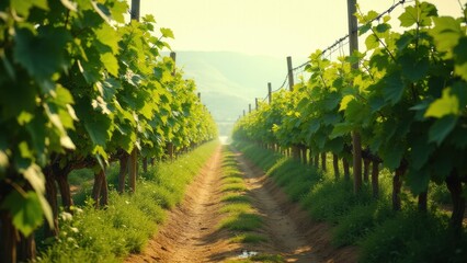 Fototapeta premium Rows of grapevines stretch into the distance, creating a lush, green vineyard under a warm, golden light.